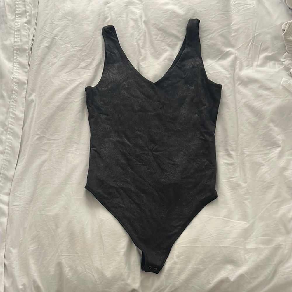 Abercrombie and Fitch Black V-Neck Bodysuit Faux Leather Look